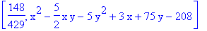 [148/429, x^2-5/2*x*y-5*y^2+3*x+75*y-208]